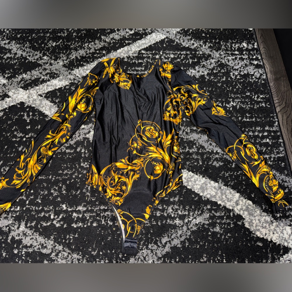 Versace Jeans Couture Black and Gold Baroque Bodysuit